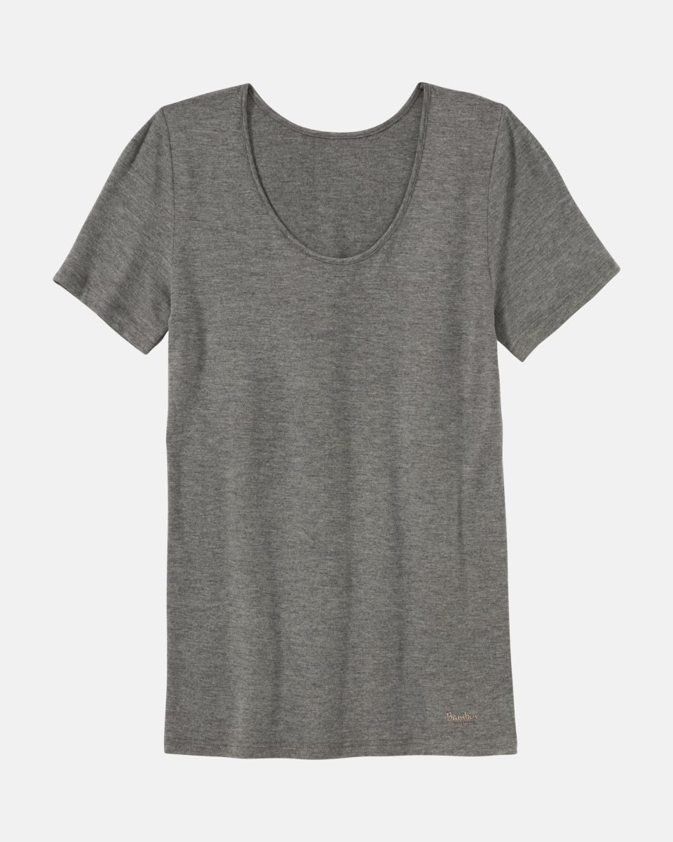 Hemd 1/4 Arm in grau mélé aus der Serie Swenja, flach auf einer Oberfläche liegend.