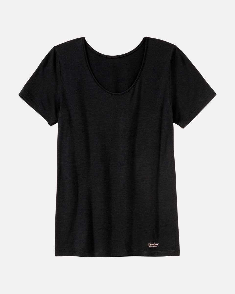 Hemd 1/4 Arm in schwarz aus der Serie Swenja, flach auf einer Oberfläche liegend.