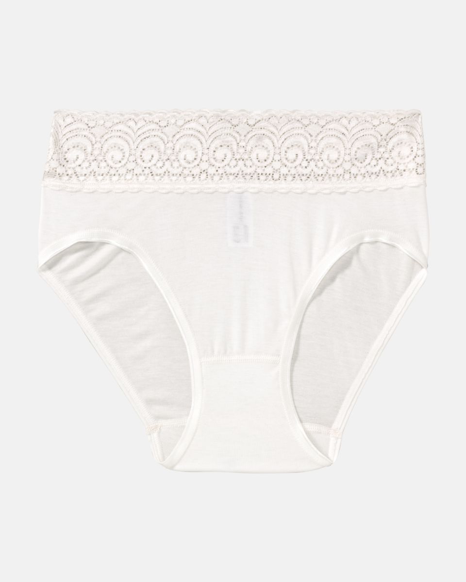 Midislip in elfenbein aus der Serie Sofia Lace, flach auf einer Oberfläche liegend.