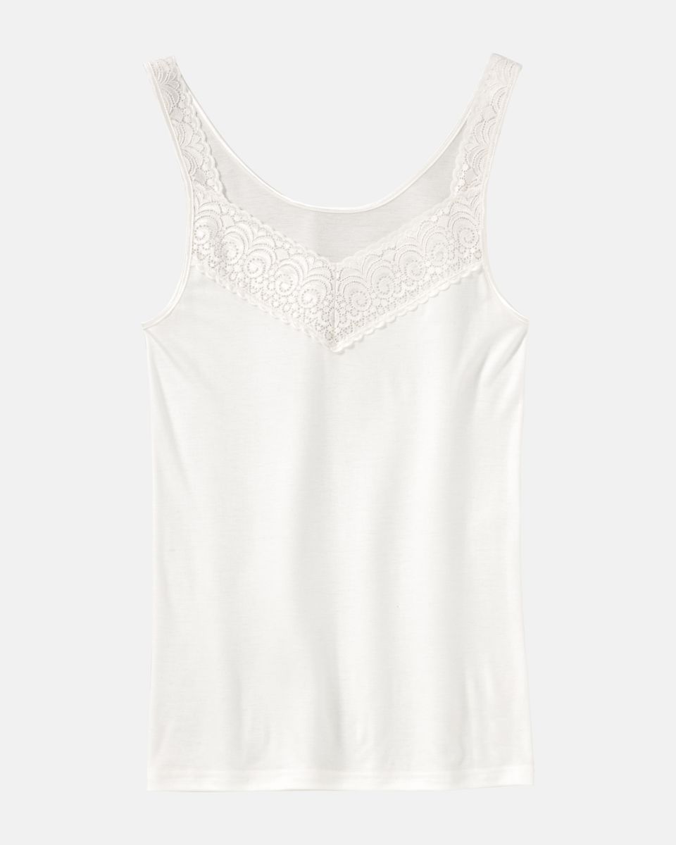 Achselhemd in elfenbein aus der Serie Sofia Lace, flach auf einer Oberfläche liegend.