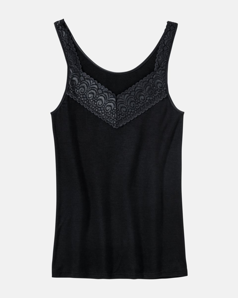 Achselhemd in schwarz aus der Serie Sofia Lace, flach auf einer Oberfläche liegend.