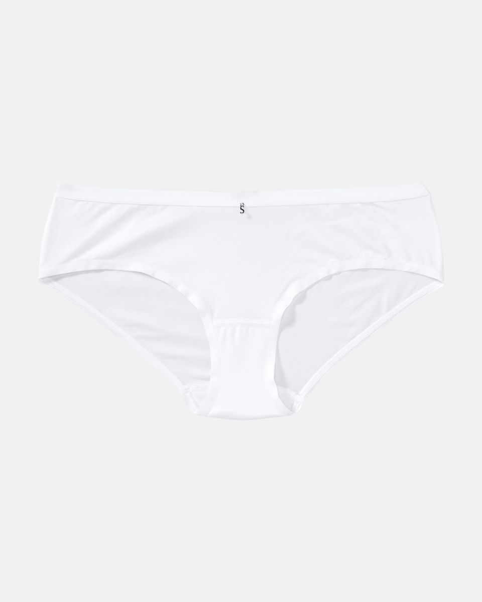 Low Hip in weiß aus der Serie Sidney, flach auf einer Oberfläche liegend.