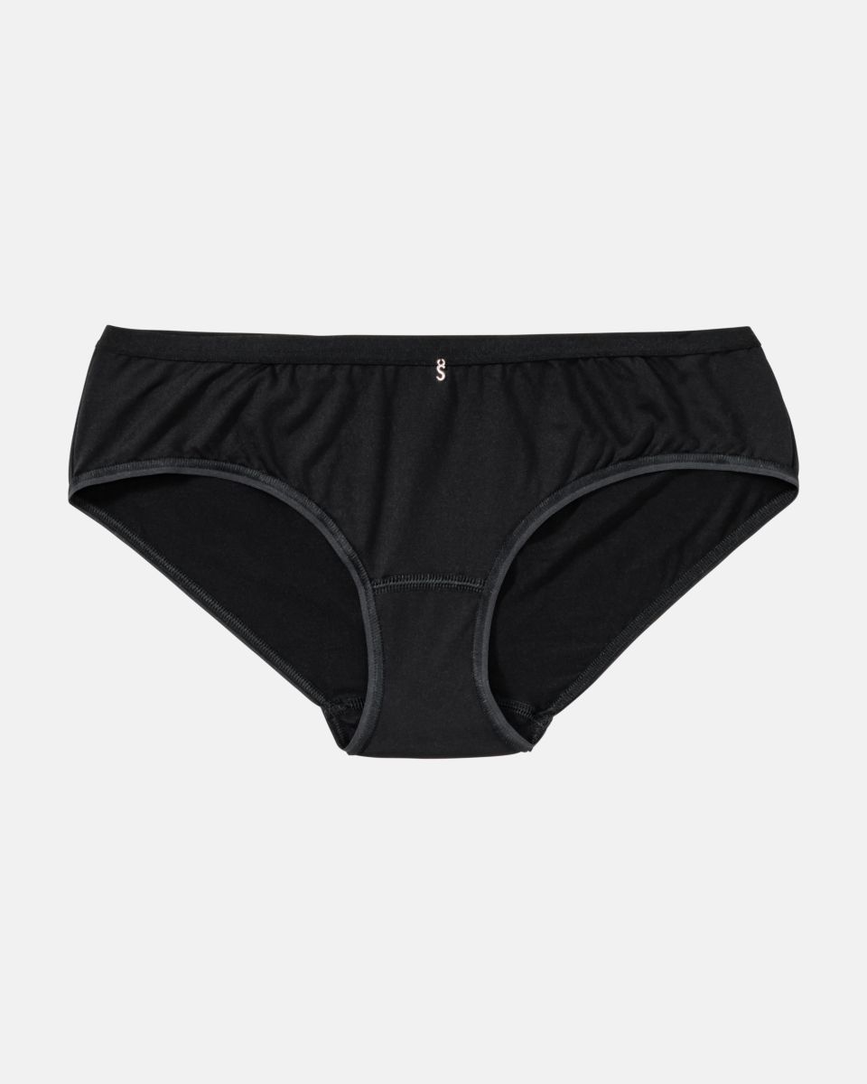 Low Hip in schwarz aus der Serie Sidney, flach auf einer Oberfläche liegend.