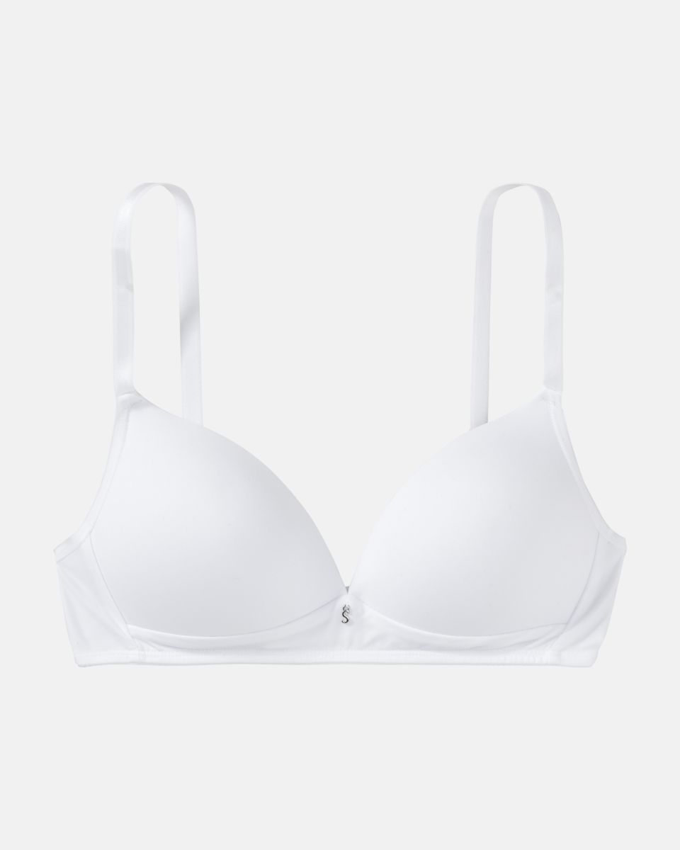 Schalen BH Triangle in weiß aus der Serie Sidney, flach auf einer Oberfläche liegend.