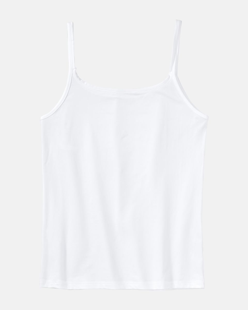 Trägerhemd in weiß aus der Serie Sidney, flach auf einer Oberfläche liegend.