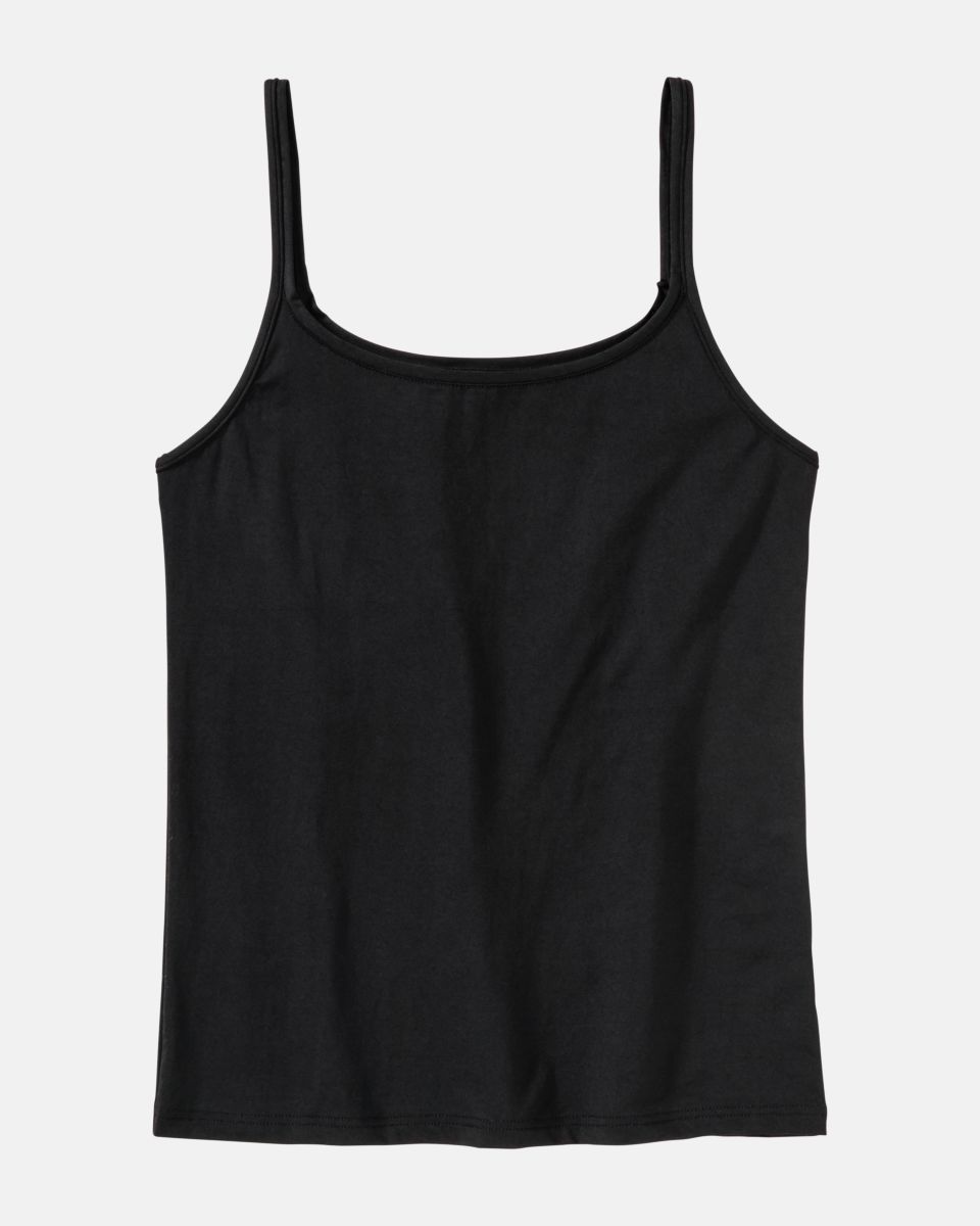 Trägerhemd in schwarz aus der Serie Sidney, flach auf einer Oberfläche liegend.