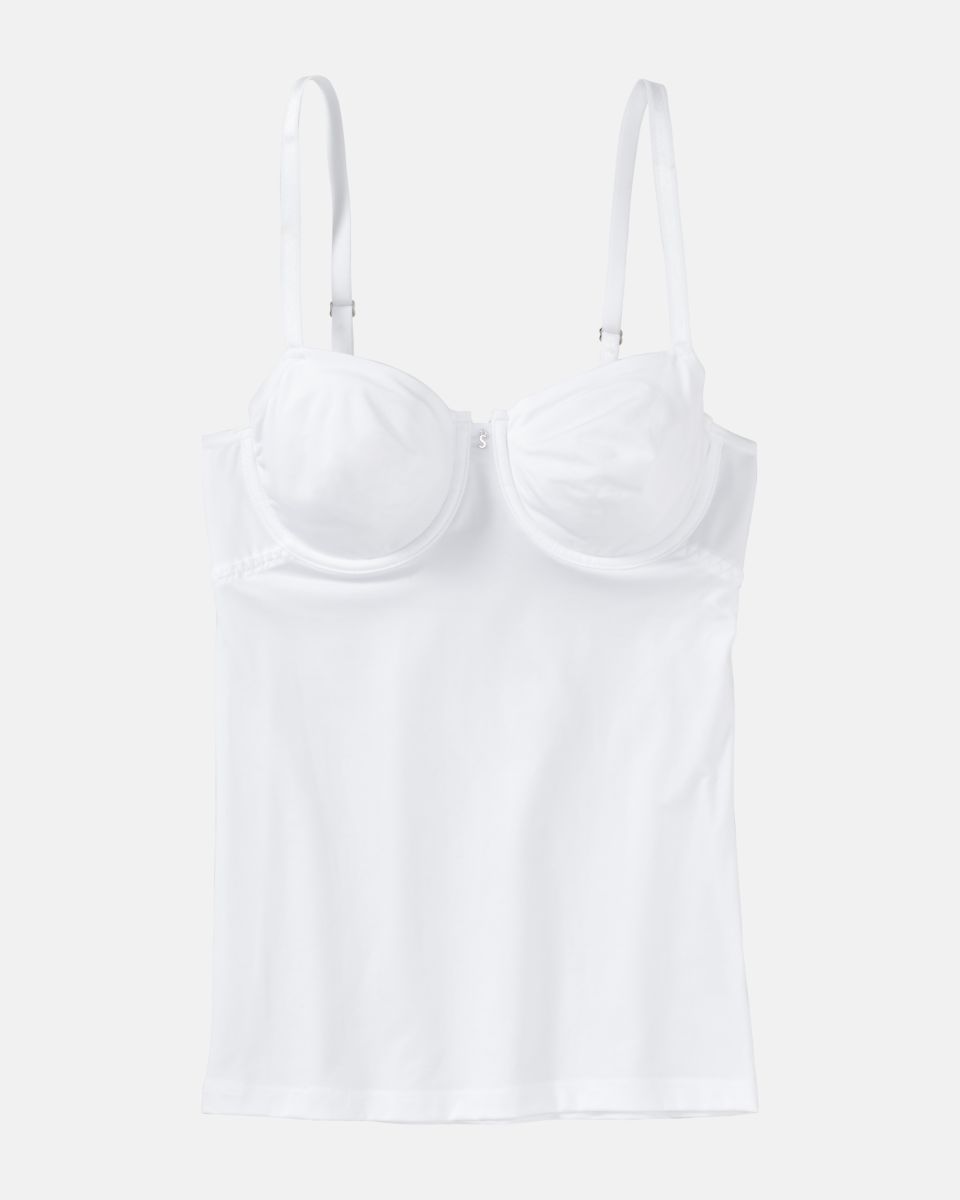 Bügel BH Hemd gemoldet in weiß aus der Serie Sidney, flach auf einer Oberfläche liegend.