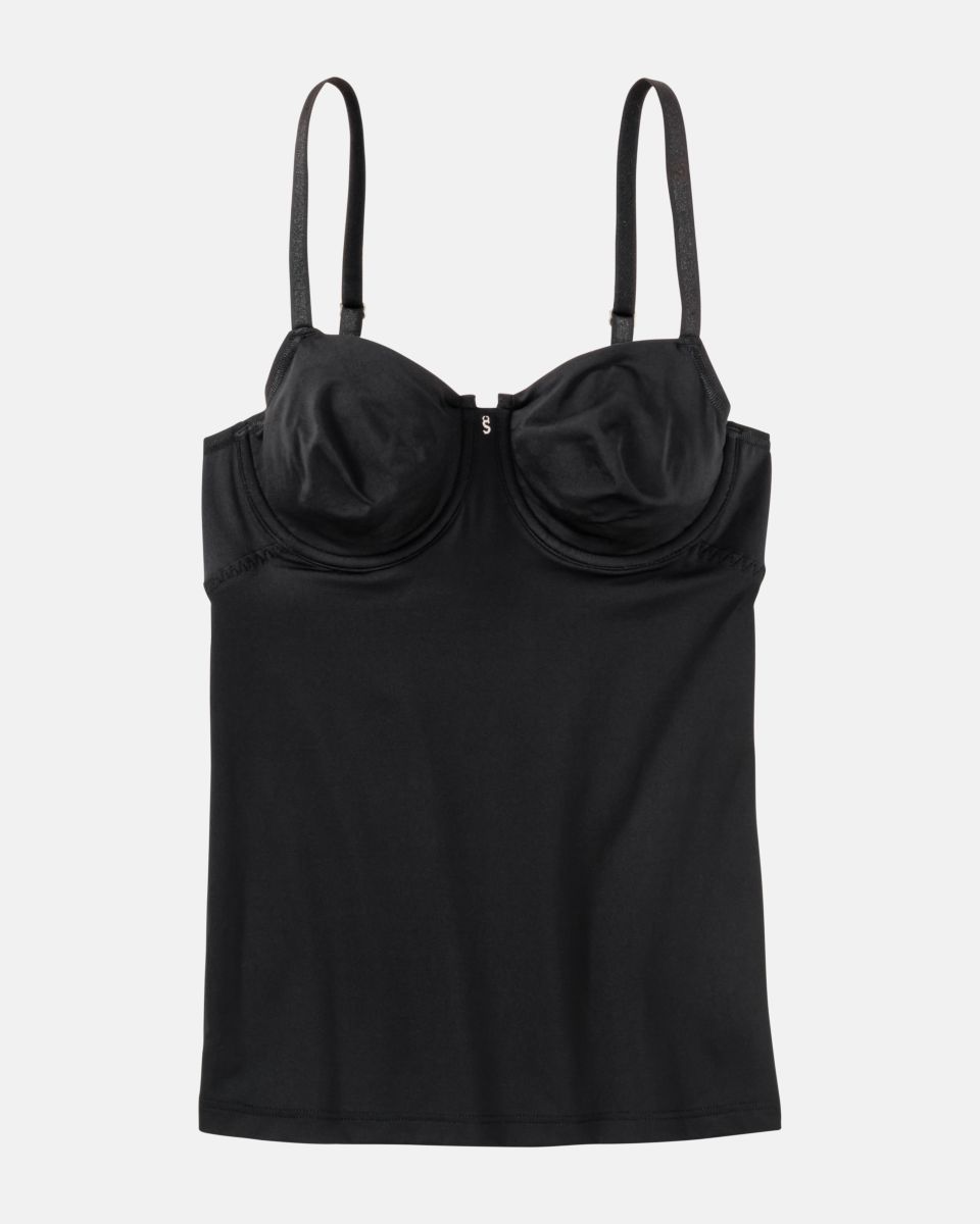 Bügel BH Hemd gemoldet in schwarz aus der Serie Sidney, flach auf einer Oberfläche liegend.