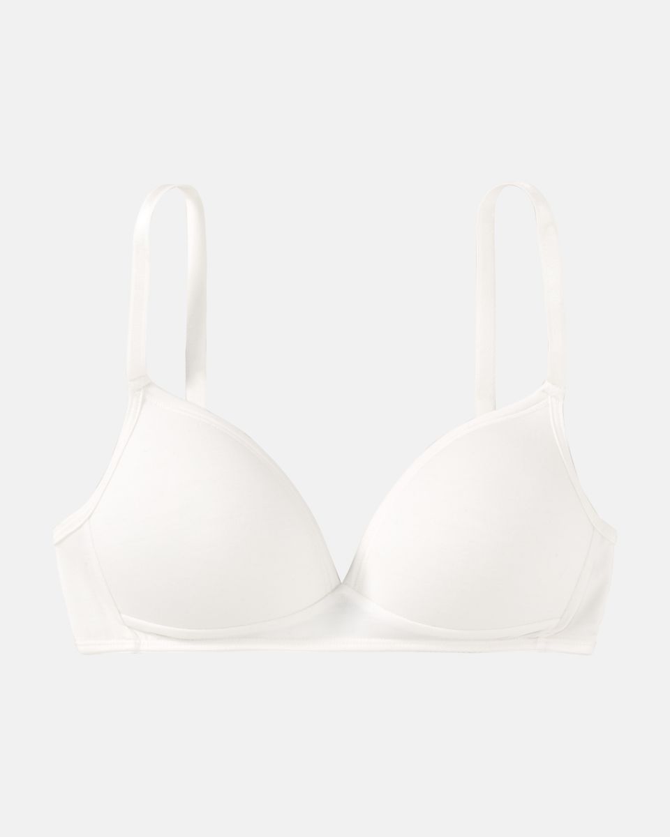 Schalen BH Triangle in elfenbein aus der Serie Swenja, flach auf einer Oberfläche liegend.