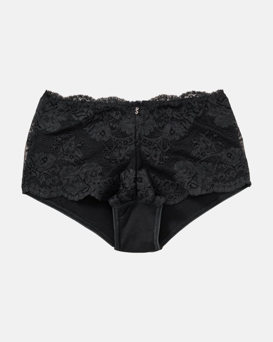 Hüftpant in schwarz aus der Serie Severine, flach auf einer Oberfläche liegend.