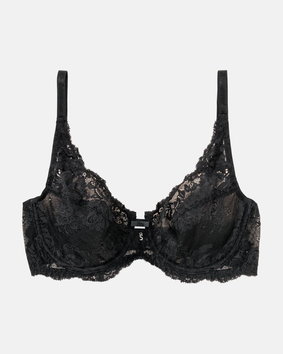 Bügel BH in schwarz aus der Serie Severine, flach auf einer Oberfläche liegend.