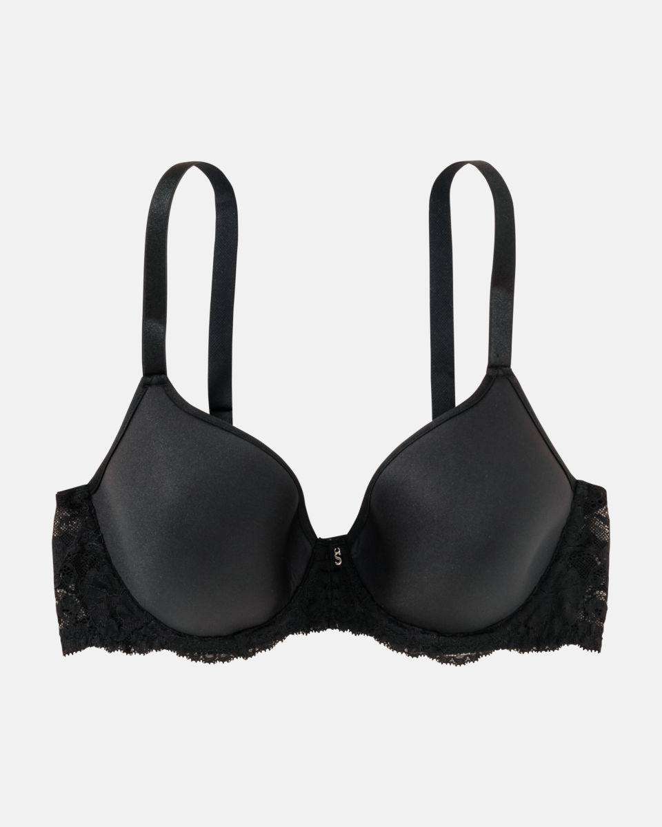 Schalen BH Spacer Cup in schwarz aus der Serie Severine, flach auf einer Oberfläche liegend.