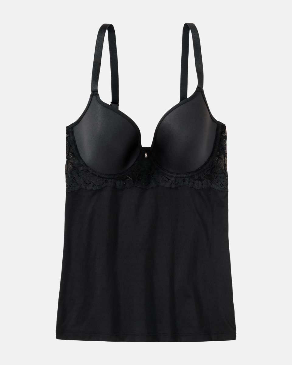 Bügel BH Hemd Spacer Cup in schwarz aus der Serie Severine, flach auf einer Oberfläche liegend.
