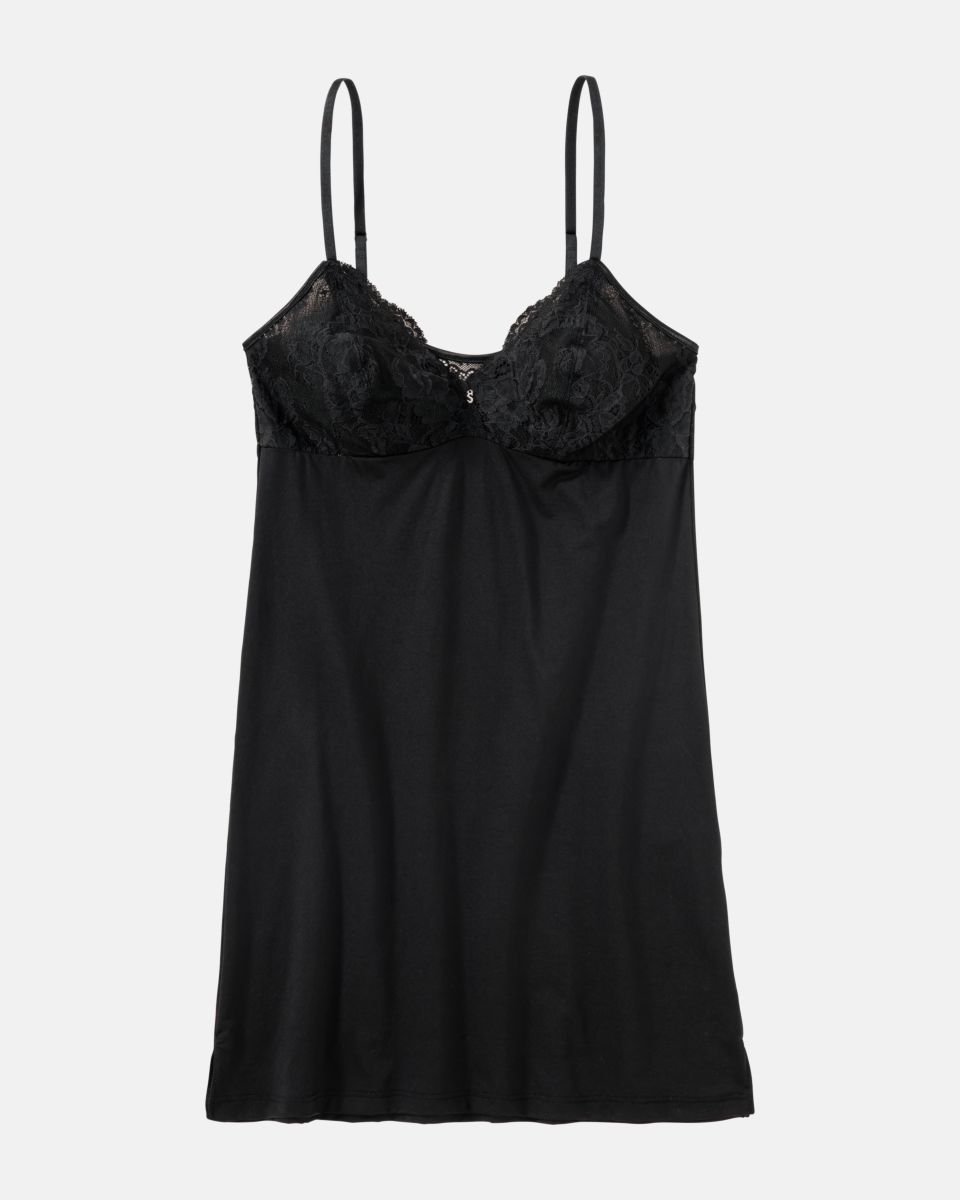 Lingeriekleid in schwarz aus der Serie Severine, flach auf einer Oberfläche liegend.