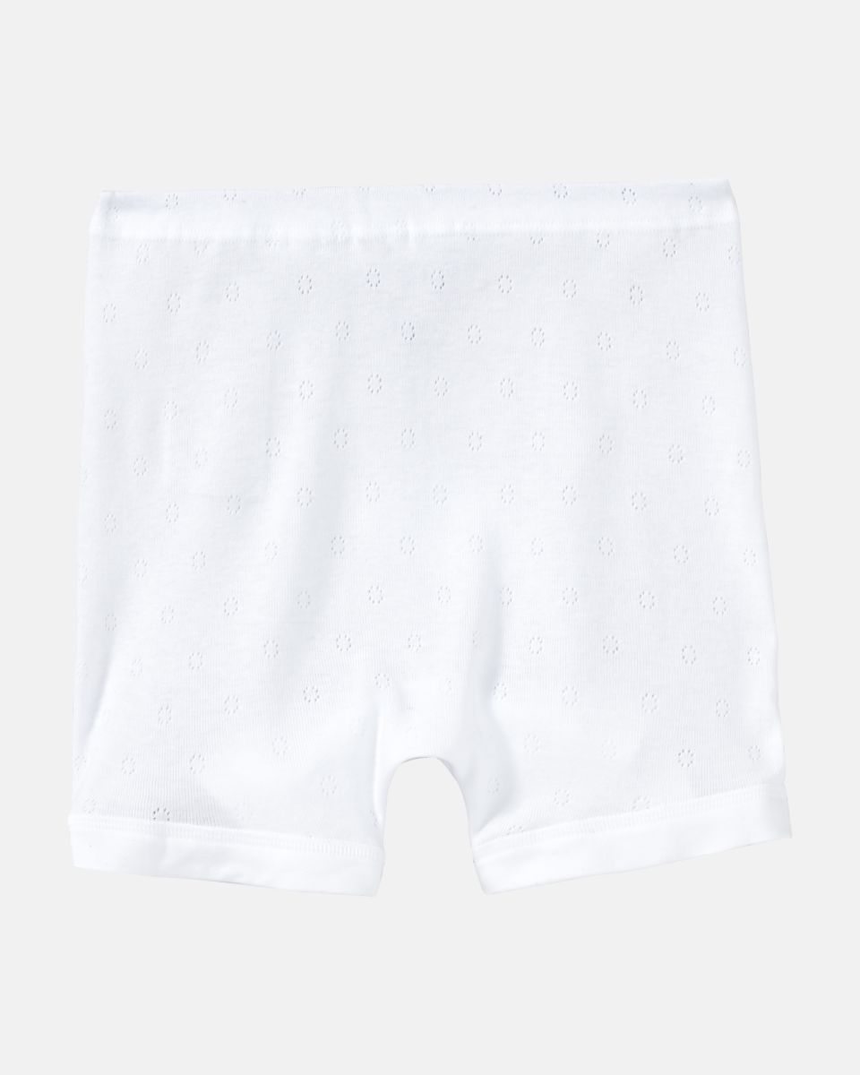 Pagenschlüpfer in weiß aus der Serie Nina, flach auf einer Oberfläche liegend.