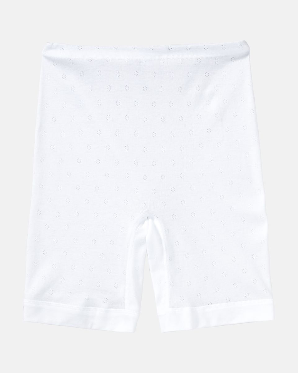 Langbeinschlüpfer in weiß aus der Serie Nina, flach auf einer Oberfläche liegend.