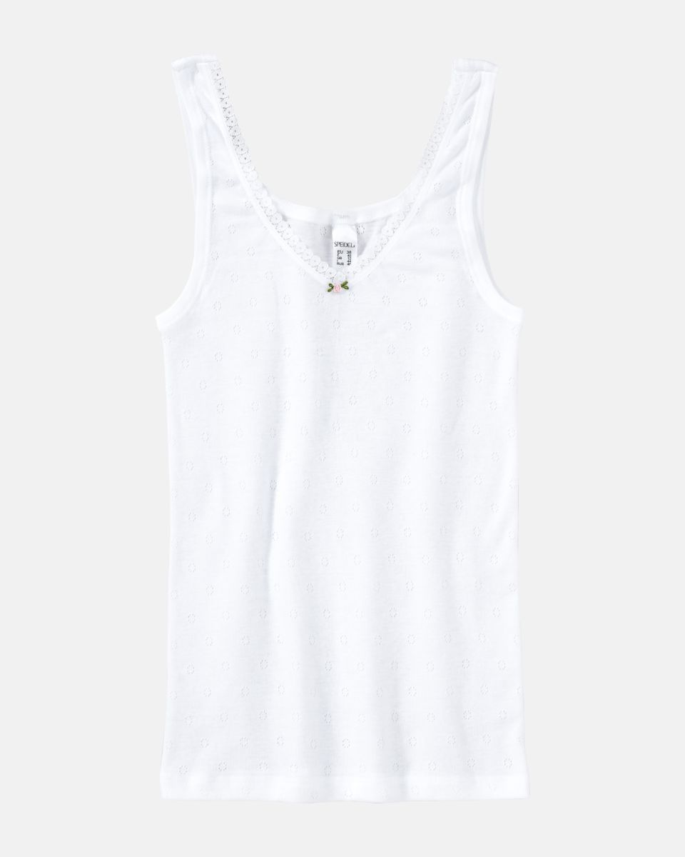 Achselhemd in weiß aus der Serie Nina, flach auf einer Oberfläche liegend.