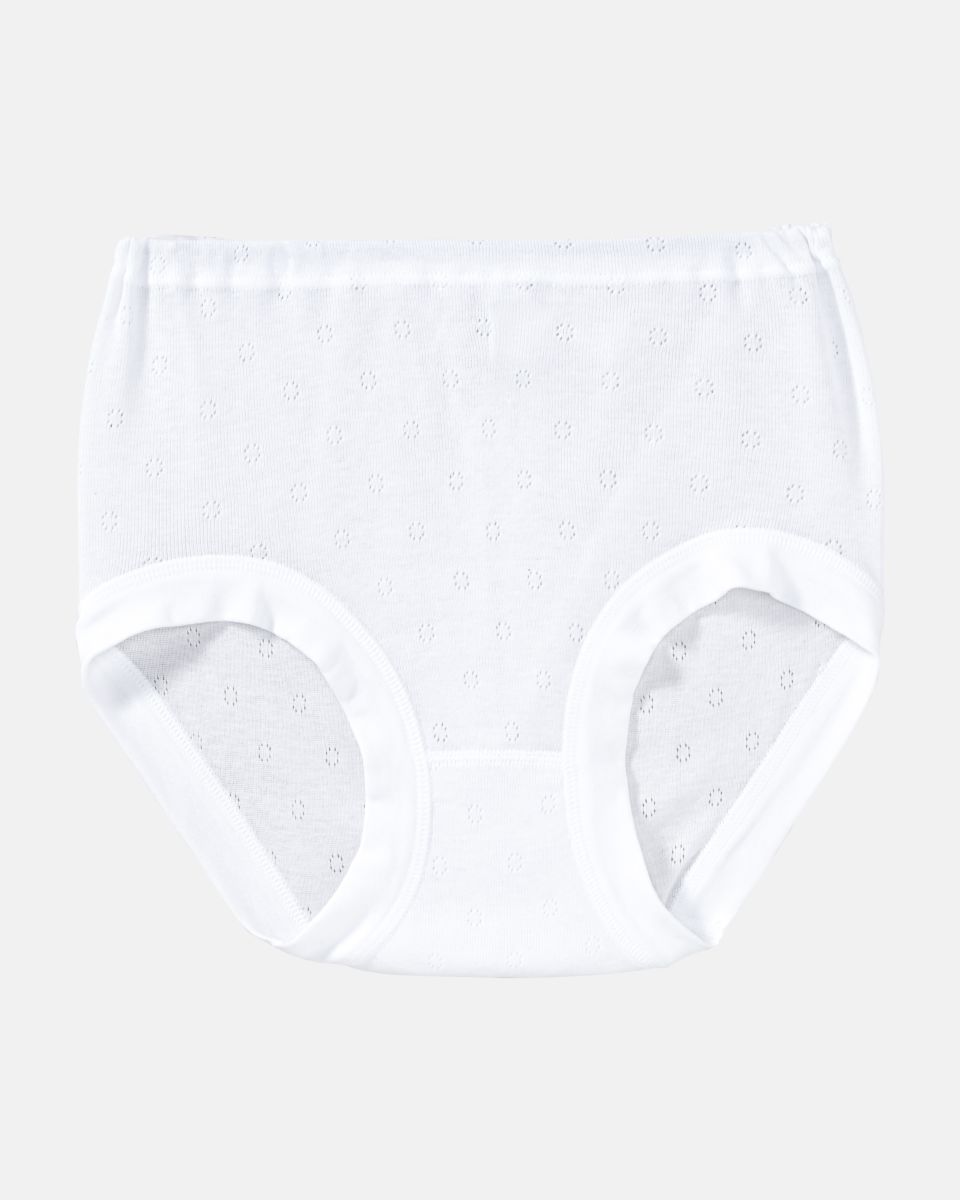 Taillenslip in weiß aus der Serie Nora, flach auf einer Oberfläche liegend.