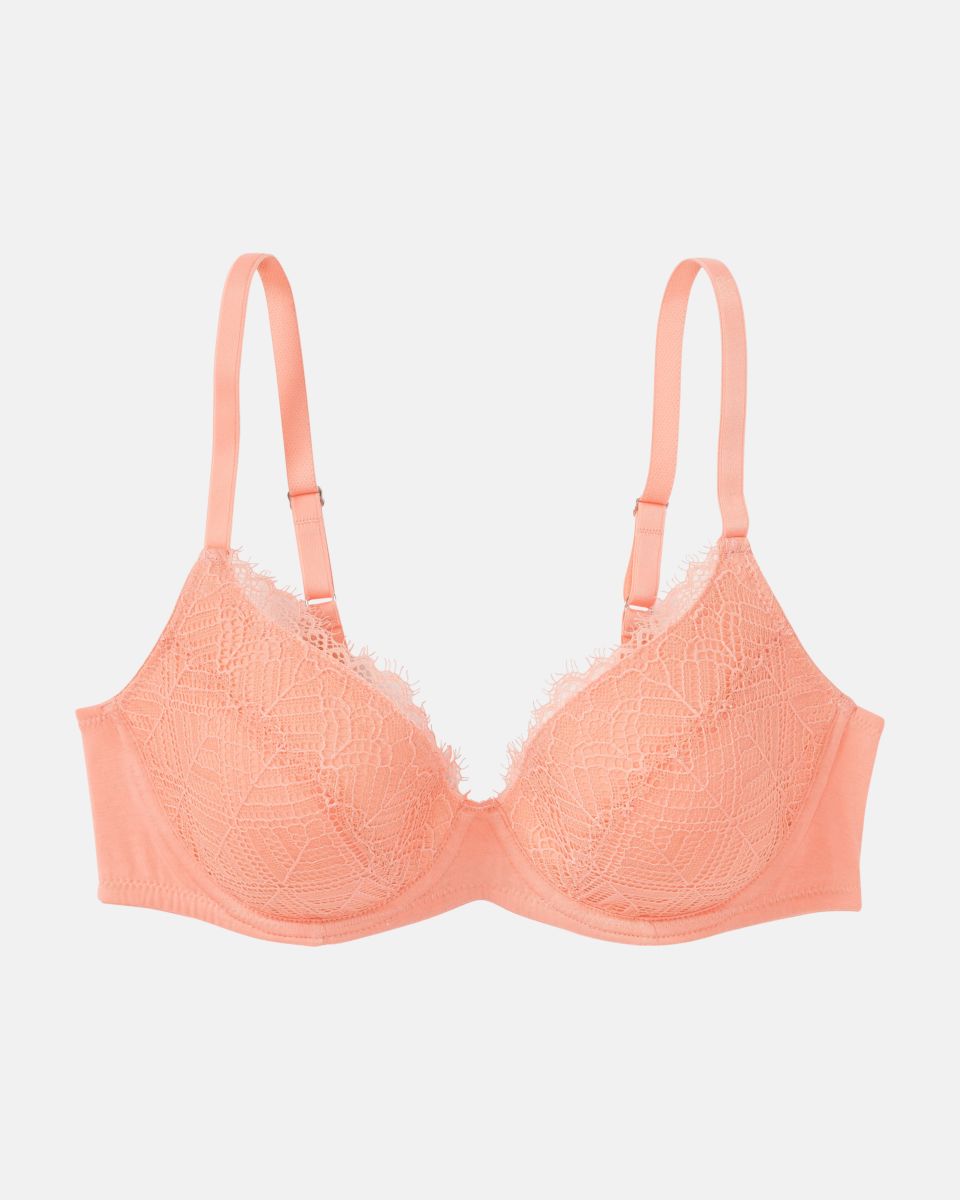 Schalen BH mit Bügel in melone aus der Serie Ronja, flach auf einer Oberfläche liegend.