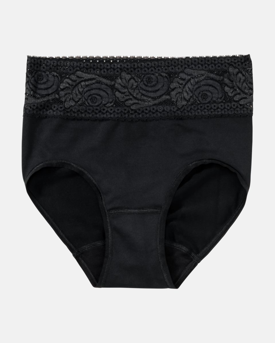 Classic Slip in schwarz aus der Serie Inshape, flach auf einer Oberfläche liegend.