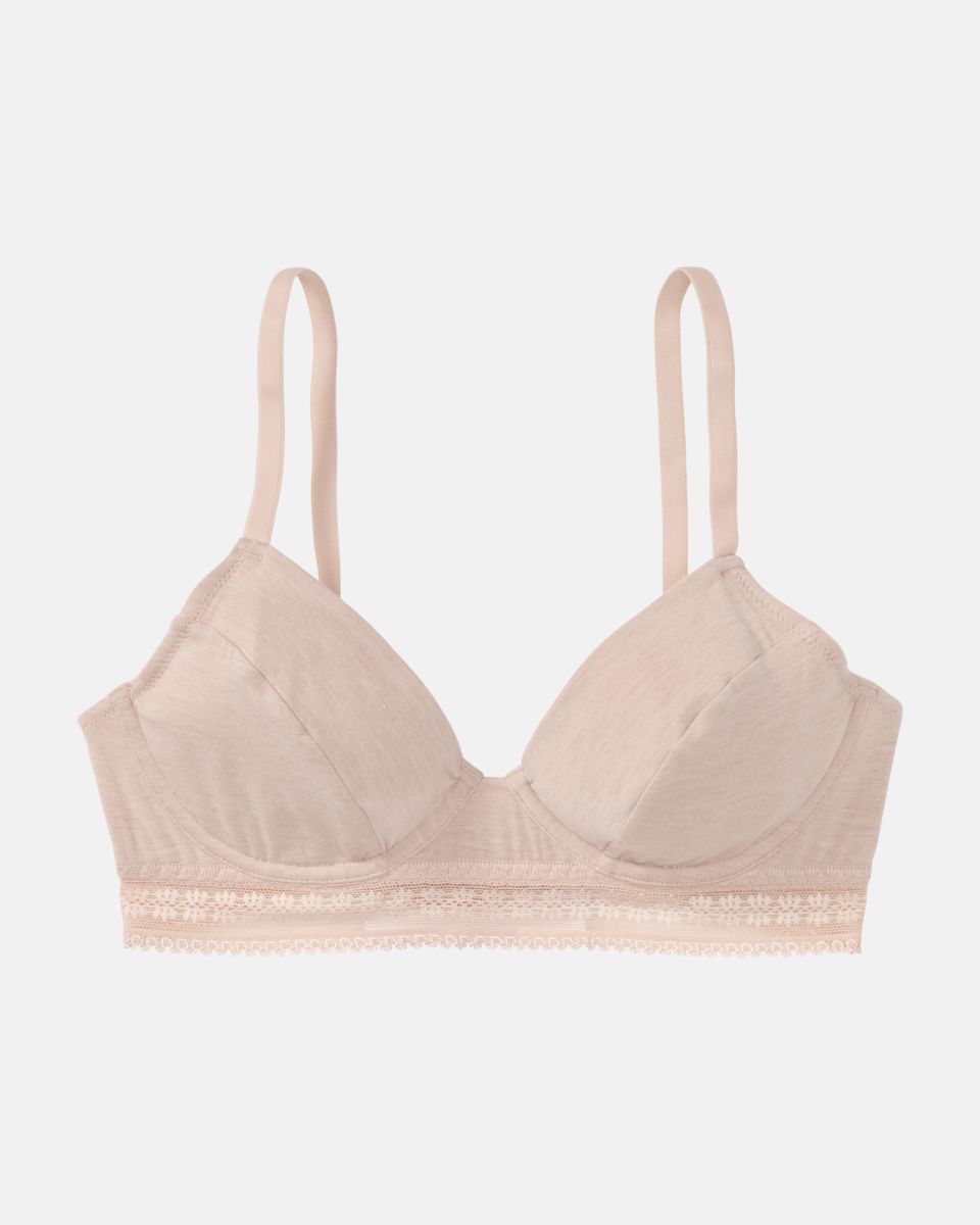 Bügel BH in cashew mélé aus der Serie Raphaela, flach auf einer Oberfläche liegend.