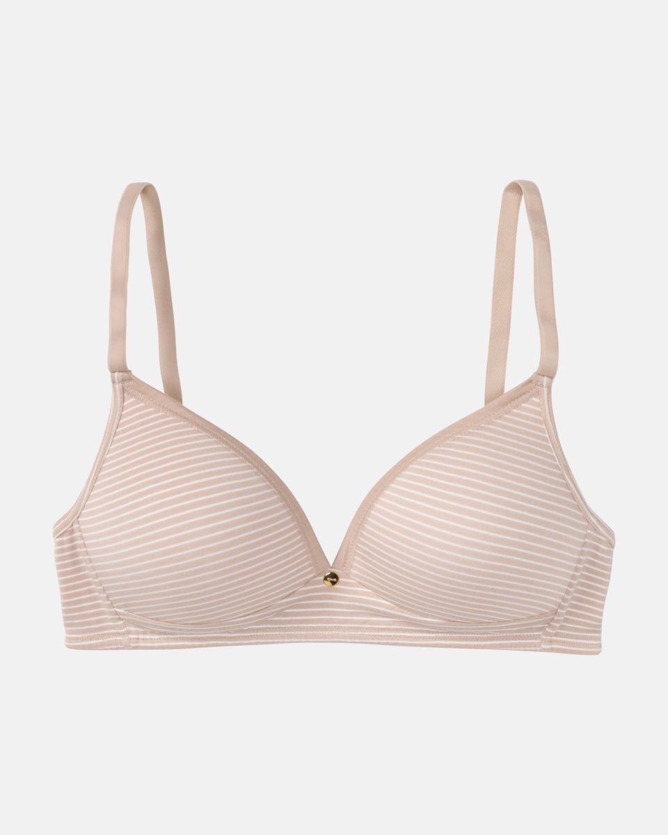 Schalen BH Triangle in cashew / off white aus der Serie Rebecca, flach auf einer Oberfläche liegend.