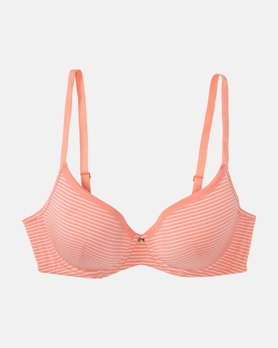 Schalen BH mit Bügel in melone / off white aus der Serie Rebecca, flach auf einer Oberfläche liegend.