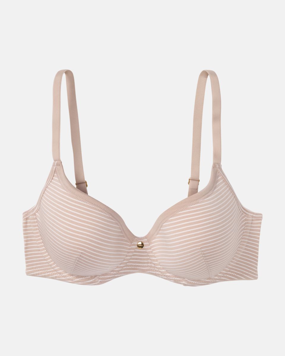 Schalen BH mit Bügel in cashew / off white aus der Serie Rebecca, flach auf einer Oberfläche liegend.