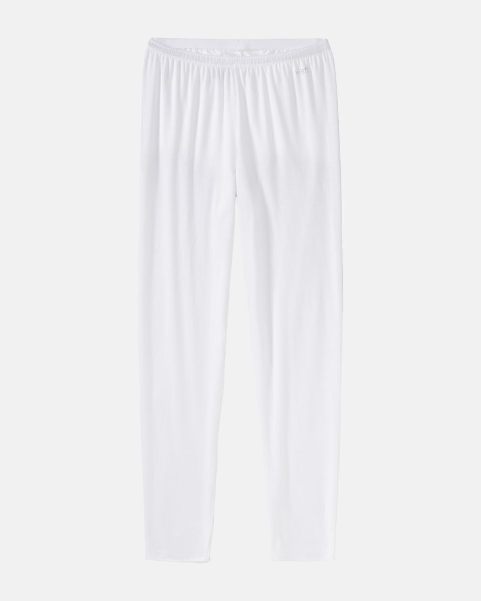 Lange Hose in weiß aus der Serie Y-loft, flach auf einer Oberfläche liegend.