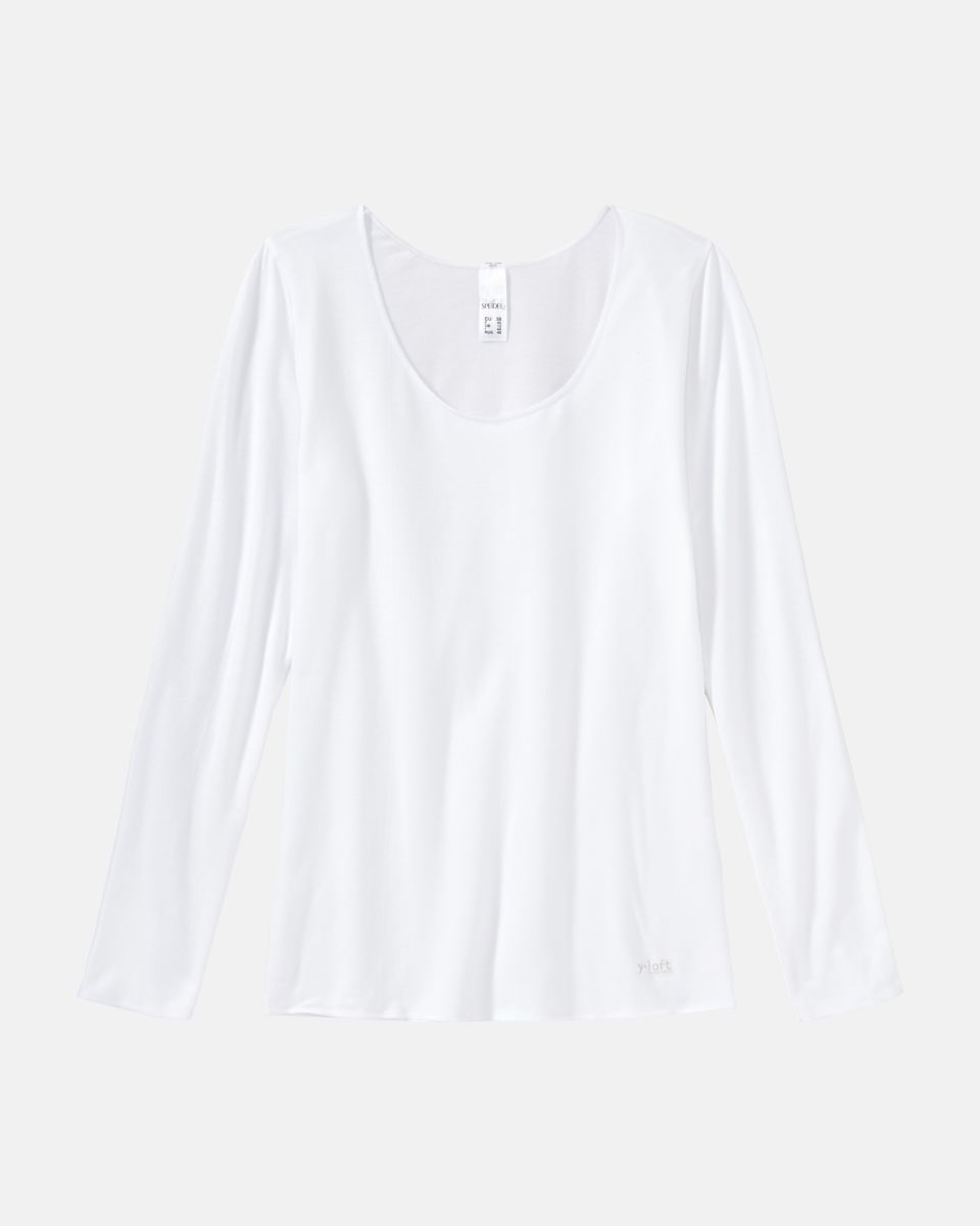 Hemd 1/1 Arm in weiß aus der Serie Y-loft, flach auf einer Oberfläche liegend.