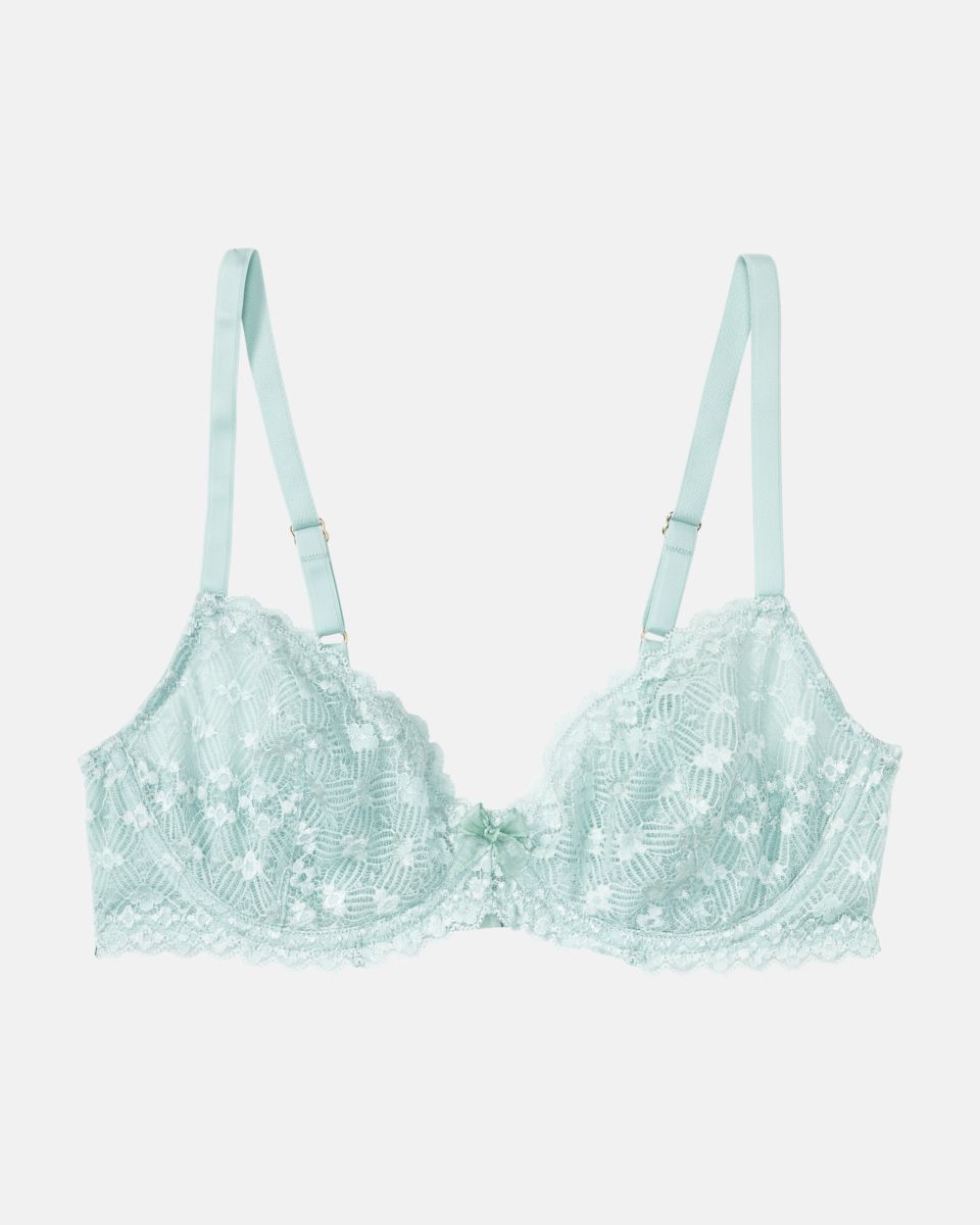 Bügel BH Balcony in minze aus der Serie Romina, flach auf einer Oberfläche liegend.