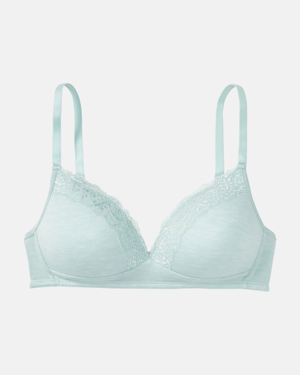 Schalen BH Triangle in minze mélé aus der Serie Rahel, flach auf einer Oberfläche liegend.