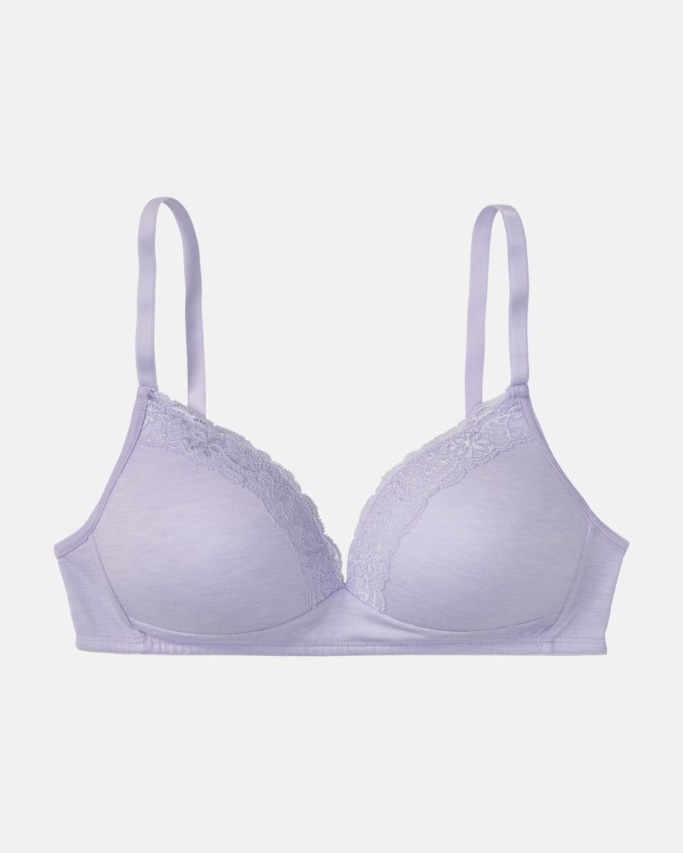 Schalen BH Triangle in lavendel mélé aus der Serie Rahel, flach auf einer Oberfläche liegend.