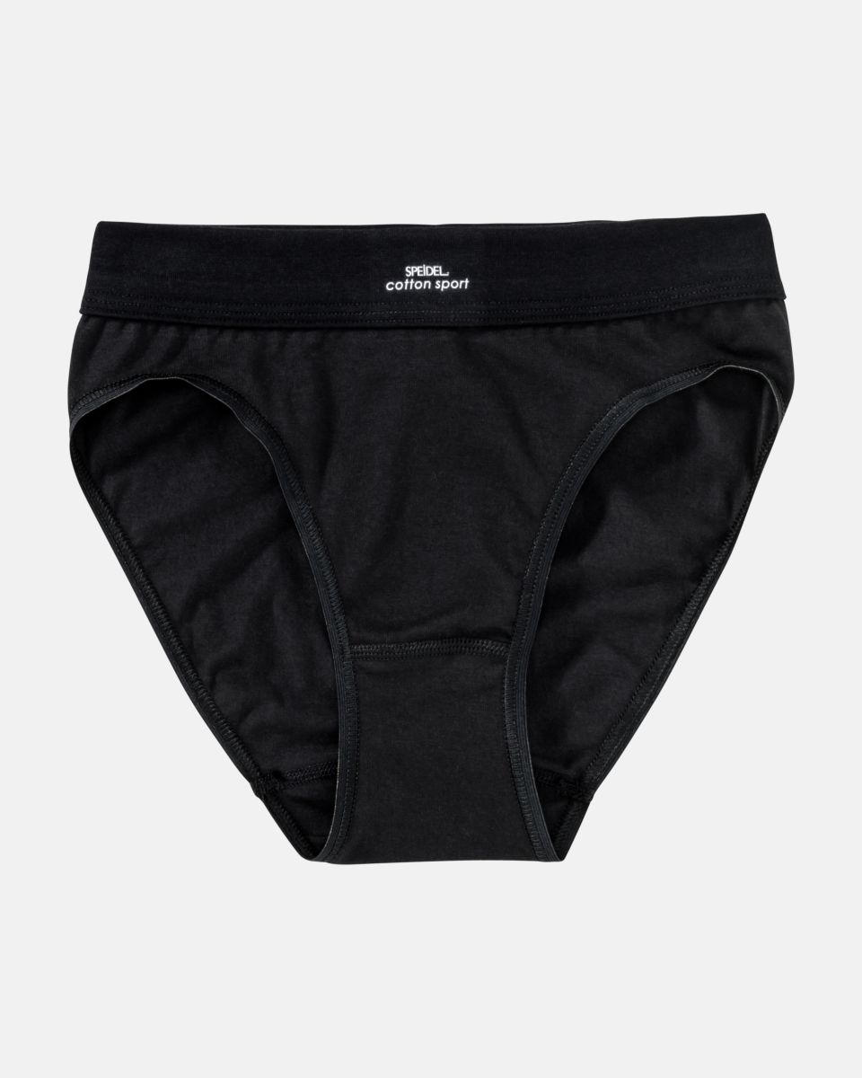 Bikinislip in schwarz aus der Serie Cotton Sport, flach auf einer Oberfläche liegend.