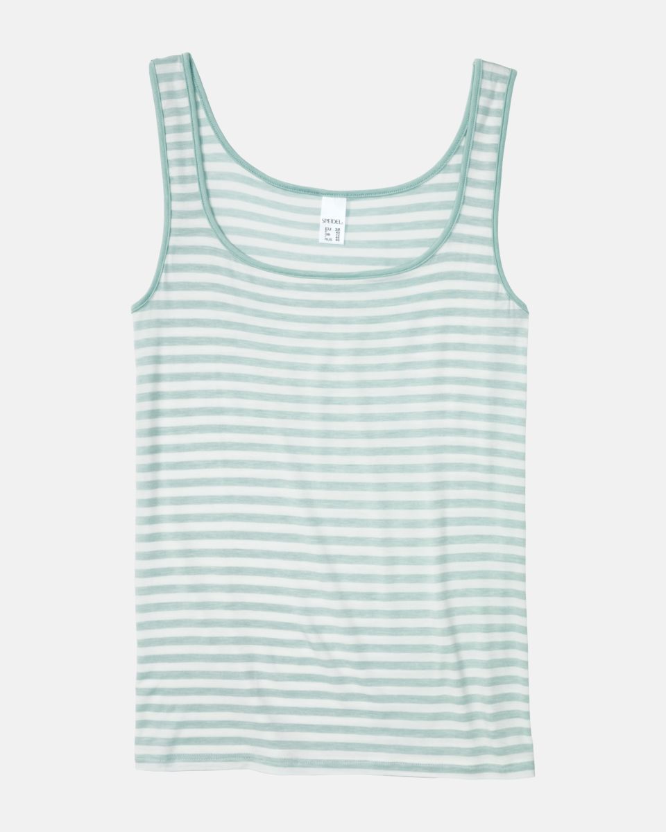 Achselhemd in minze / off white aus der Serie Regina, flach auf einer Oberfläche liegend.