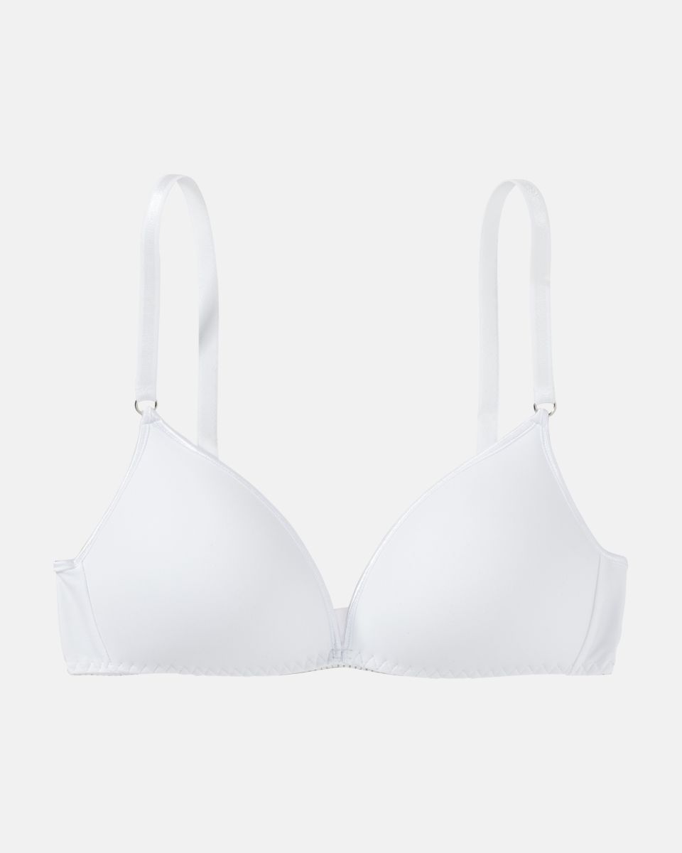 Schalen BH Triangle in weiß aus der Serie Magic hip, flach auf einer Oberfläche liegend.