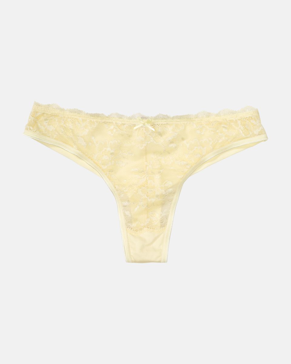 Brazilstring in zitrone aus der Serie Lacy, flach auf einer Oberfläche liegend.