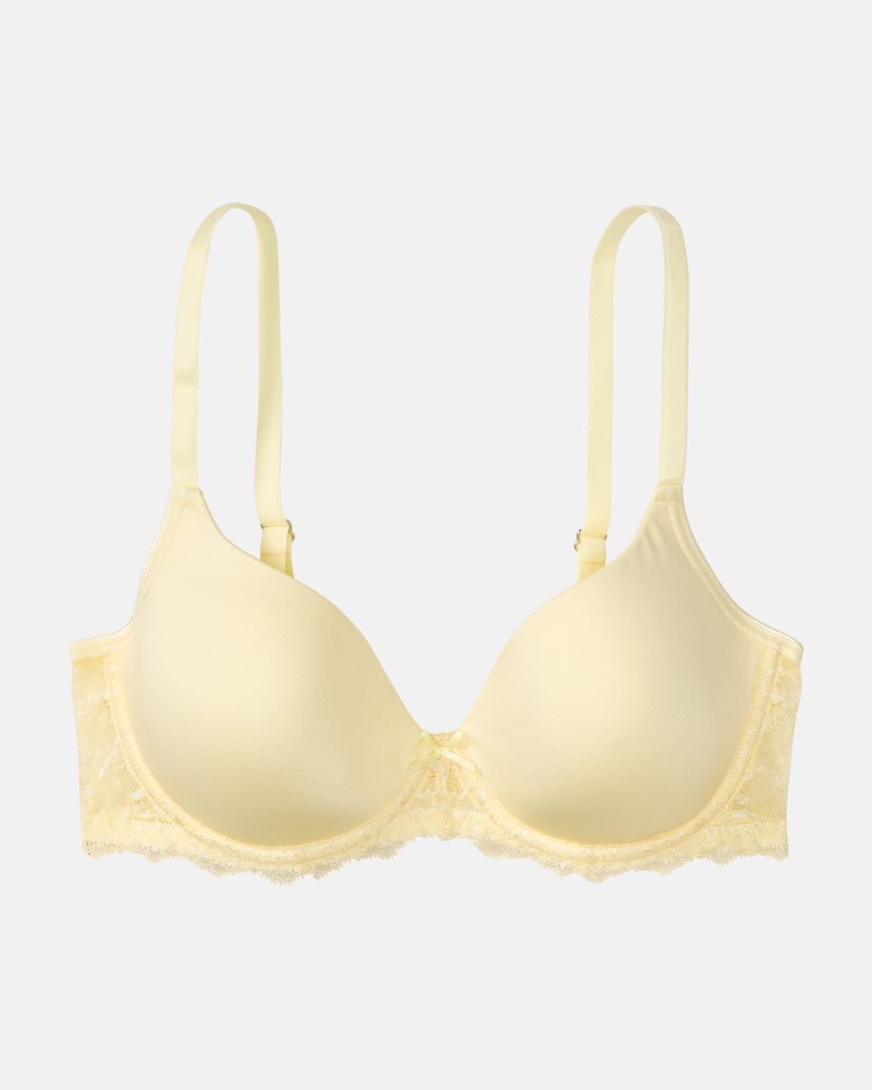 Schalen BH mit Bügel in zitrone aus der Serie Lacy, flach auf einer Oberfläche liegend.