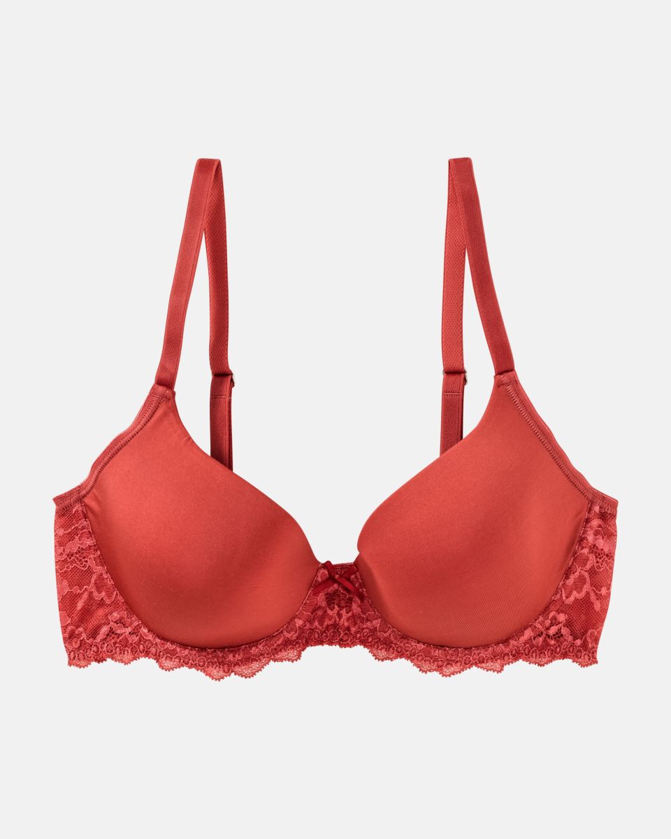 Schalen BH mit Bügel in pepper aus der Serie Lacy, flach auf einer Oberfläche liegend.