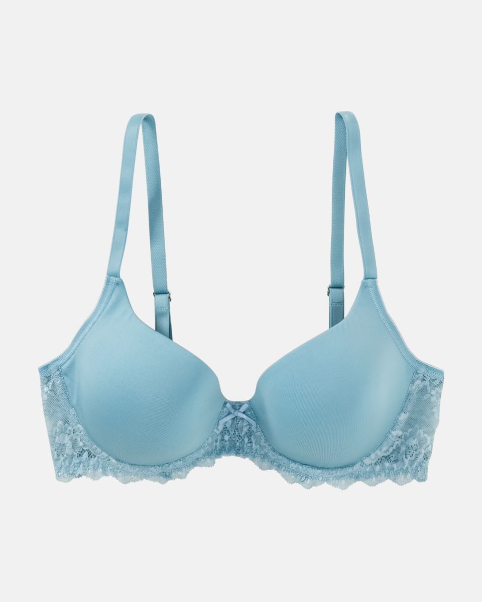 Schalen BH mit Bügel in shark aus der Serie Lacy, flach auf einer Oberfläche liegend.