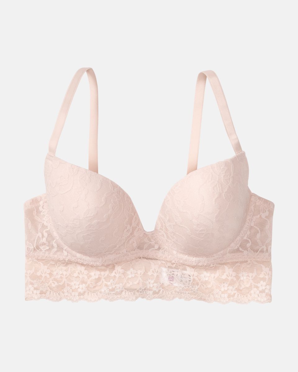 Schalen BH Longline in lychee aus der Serie Lacy, flach auf einer Oberfläche liegend.