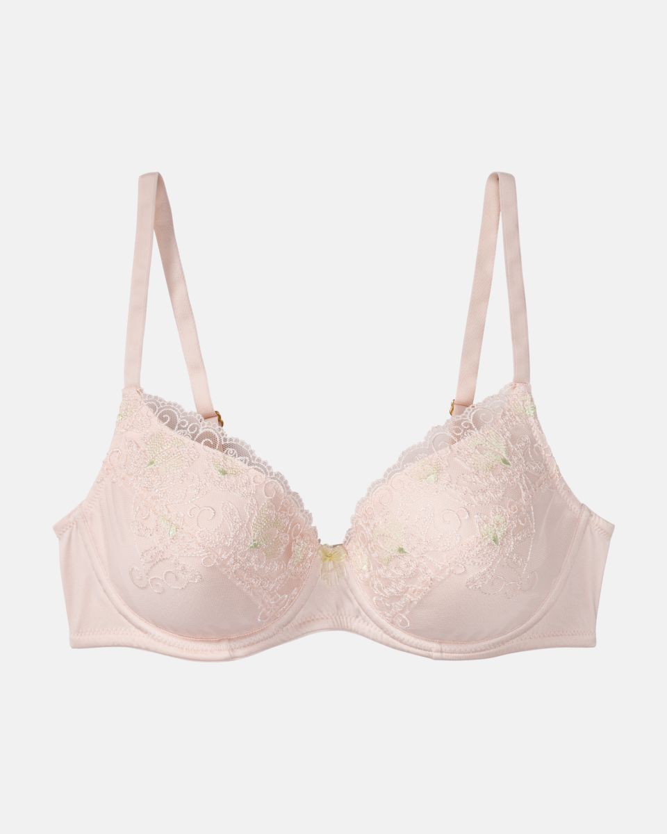 Schalen BH mit Bügel in lychee aus der Serie Rosalie, flach auf einer Oberfläche liegend.