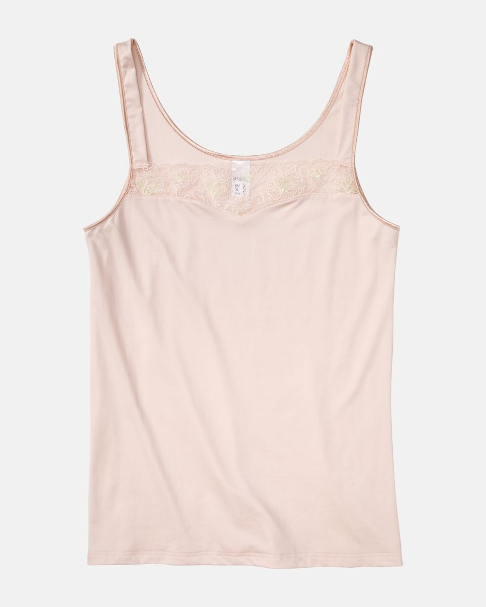 Trägerhemd in lychee aus der Serie Rosalie, flach auf einer Oberfläche liegend.