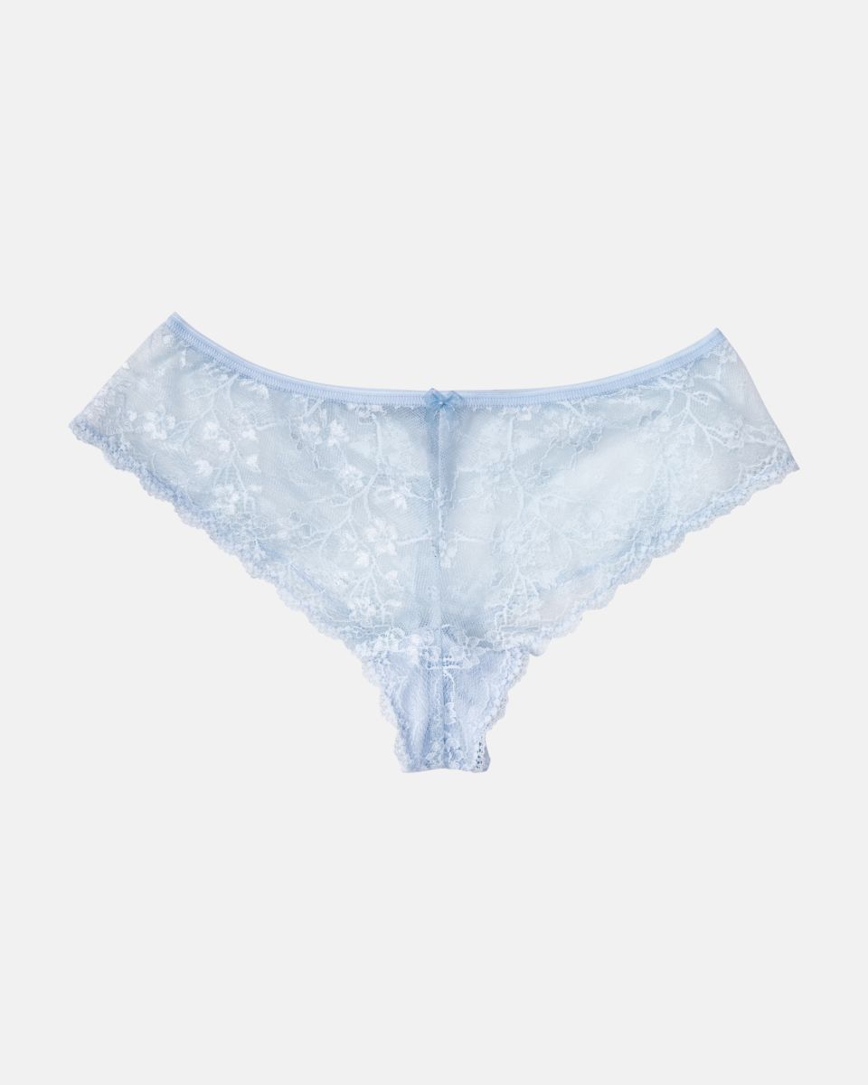 Brazilstring in aquamarin aus der Serie Romy, flach auf einer Oberfläche liegend.