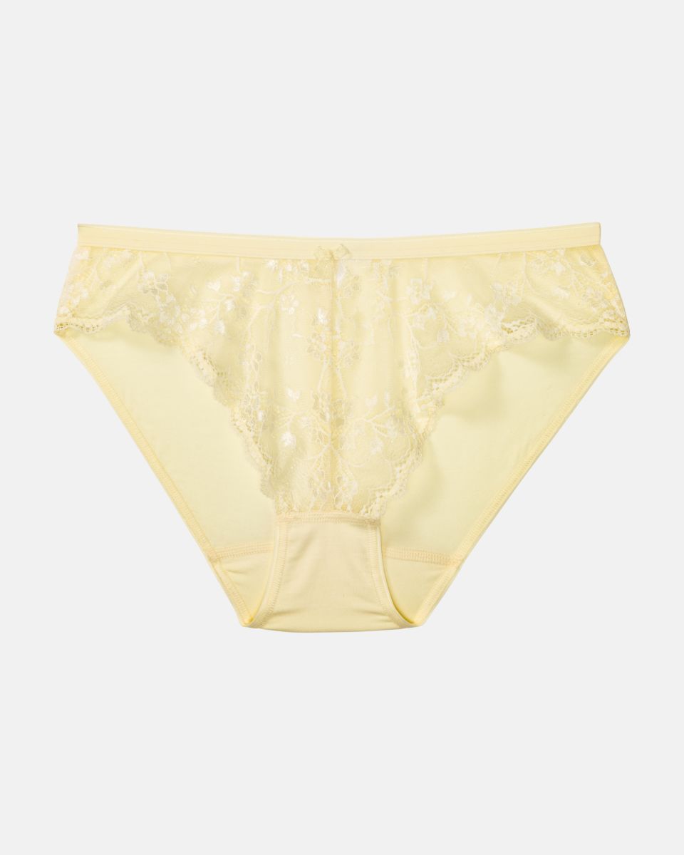 Bikinislip in zitrone aus der Serie Romy, flach auf einer Oberfläche liegend.