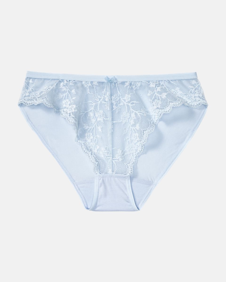 Bikinislip in aquamarin aus der Serie Romy, flach auf einer Oberfläche liegend.