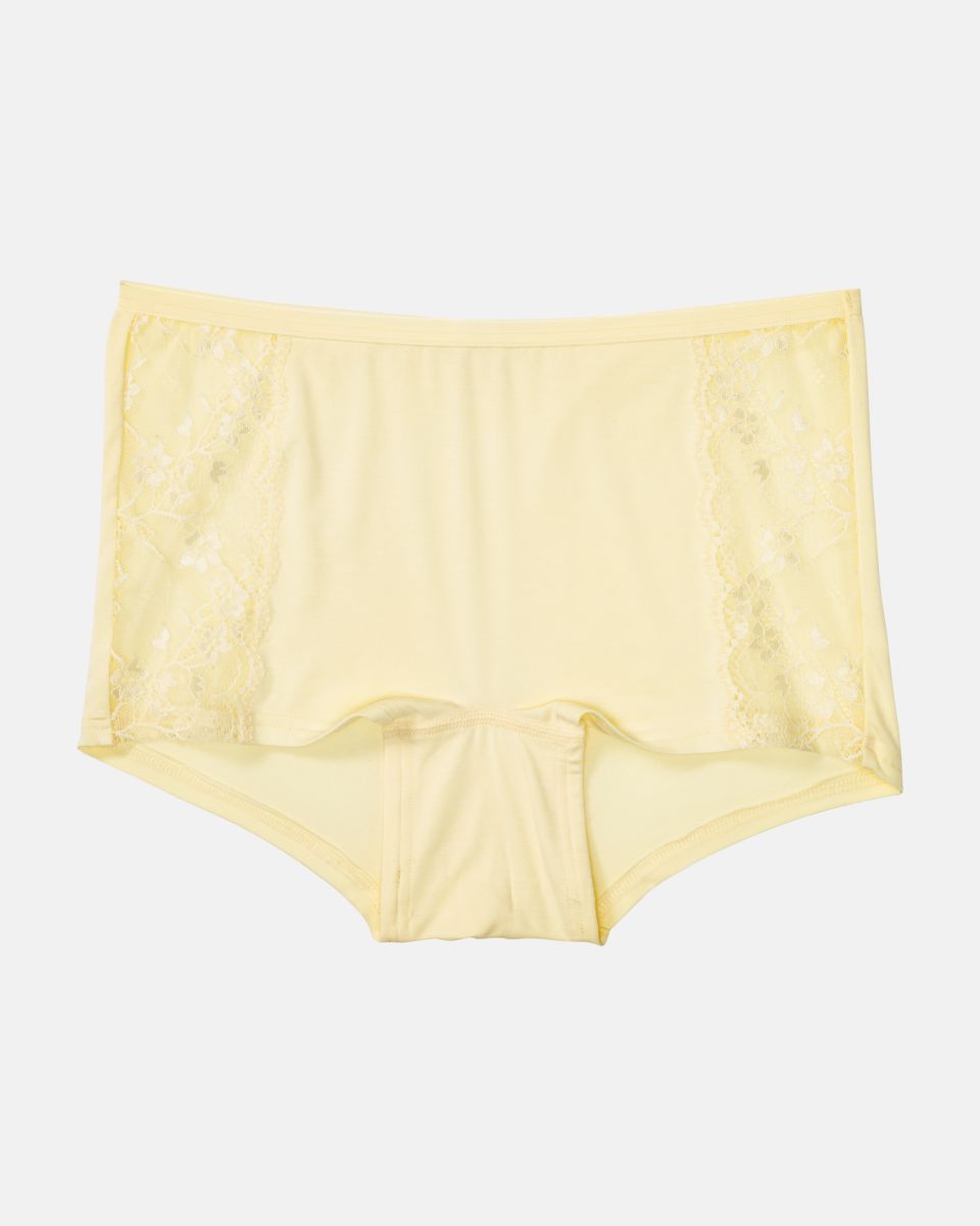 Pant in zitrone aus der Serie Romy, flach auf einer Oberfläche liegend.