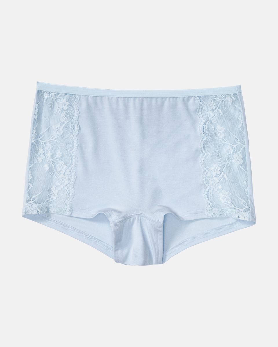 Pant in aquamarin aus der Serie Romy, flach auf einer Oberfläche liegend.