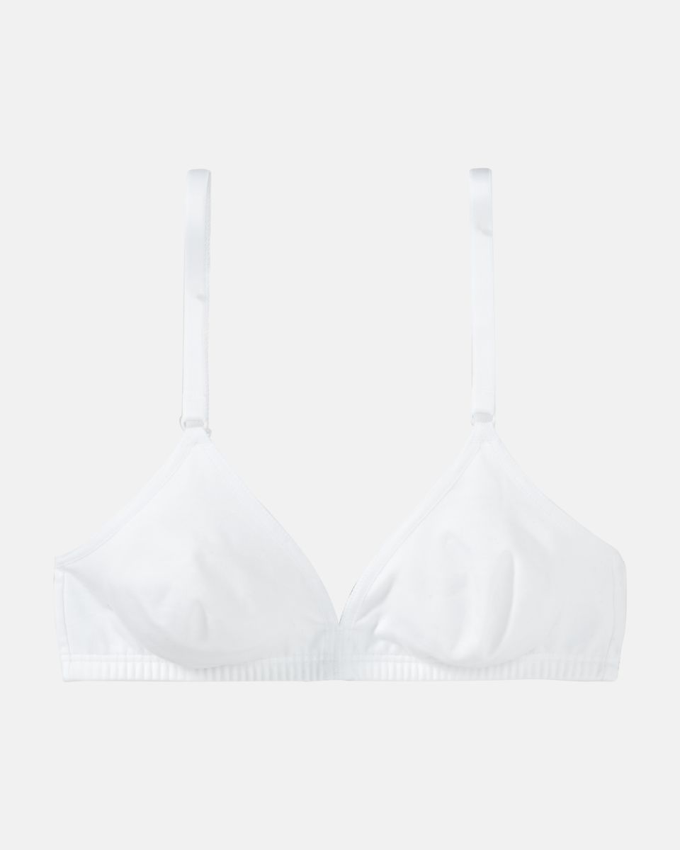 Soft BH gemoldet in weiß aus der Serie Softfeeling, flach auf einer Oberfläche liegend.