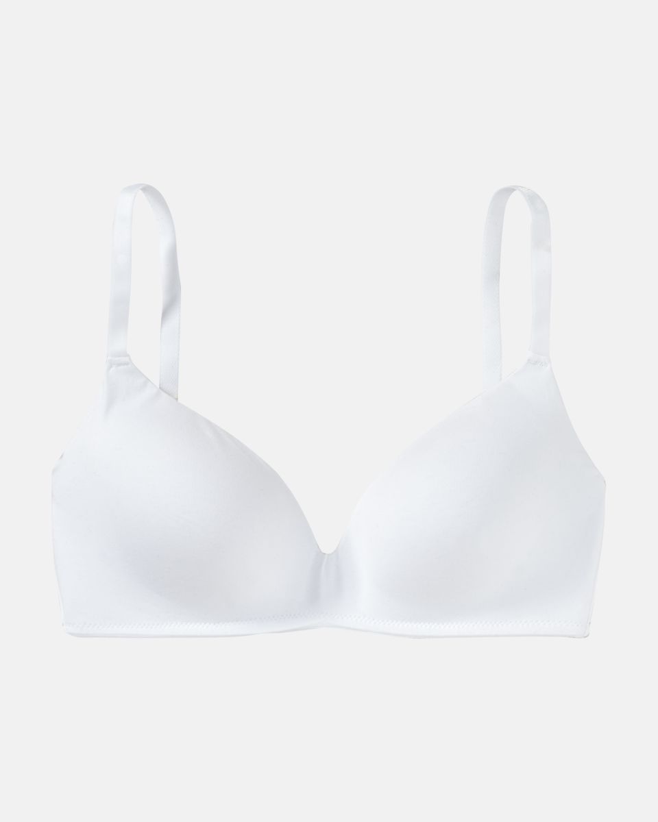 Schalen BH non wired in weiß aus der Serie Softfeeling, flach auf einer Oberfläche liegend.